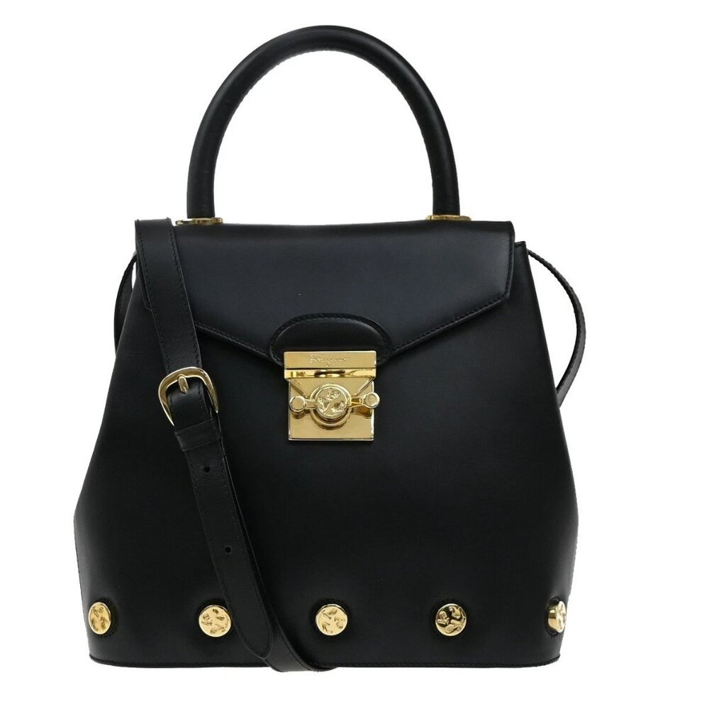 SALVATORE FERRAGAMO Logo Shoulder Bag Leather Black Italy 31RF878